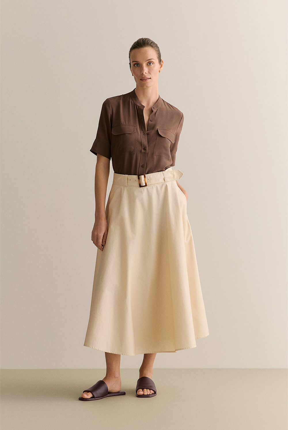 Cotton Sateen Belted Midi Skirt