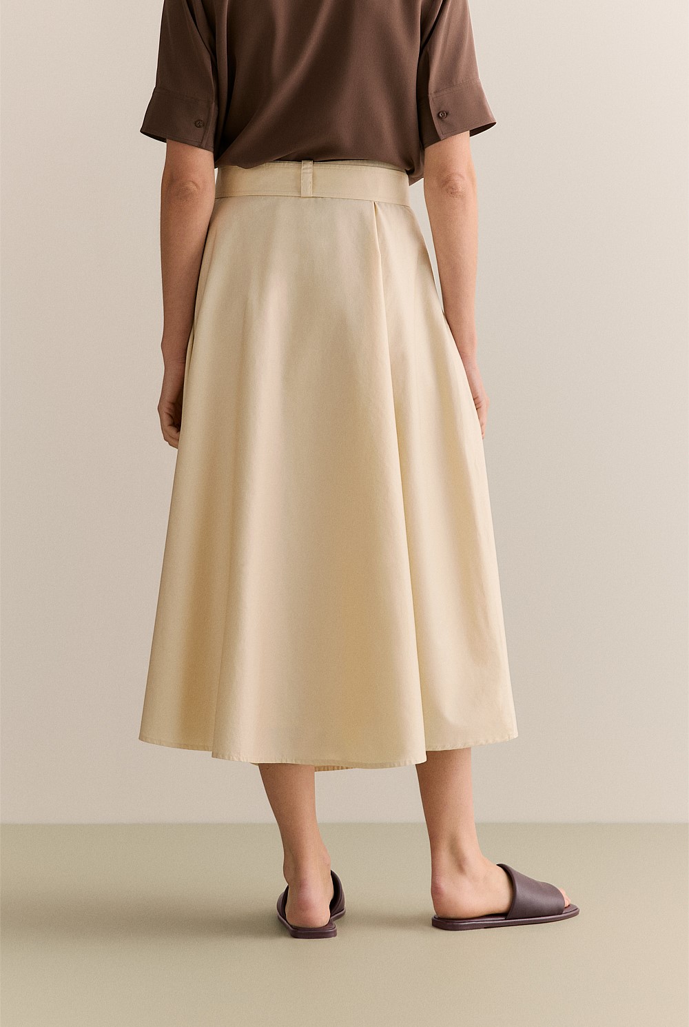 Cotton Sateen Belted Midi Skirt