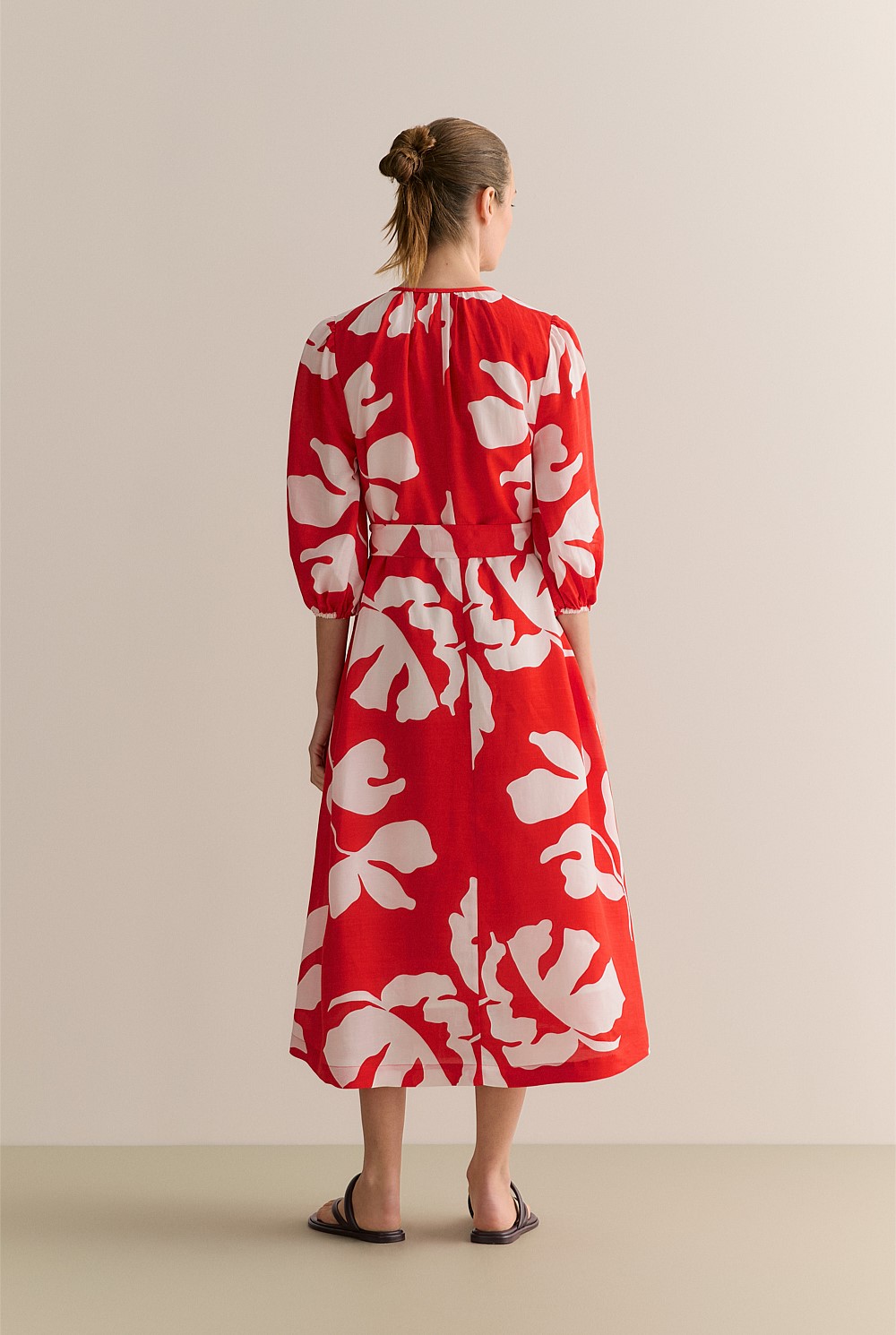 Stencil Palm Blouson Sleeve Tie Waist Dress