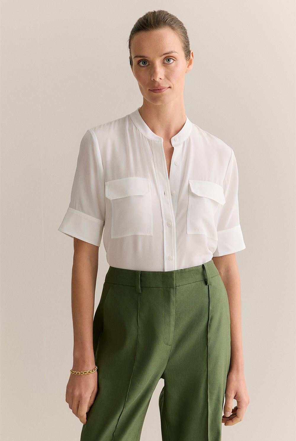 Silk Collarless Pocket Detail Shirt