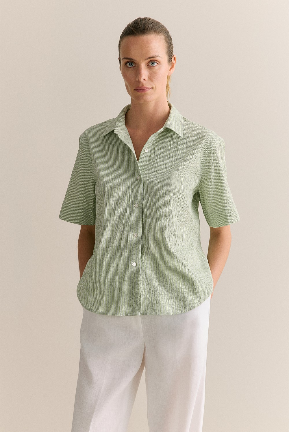 Yarn Dyed Seersucker Stripe Short Sleeve Shirt