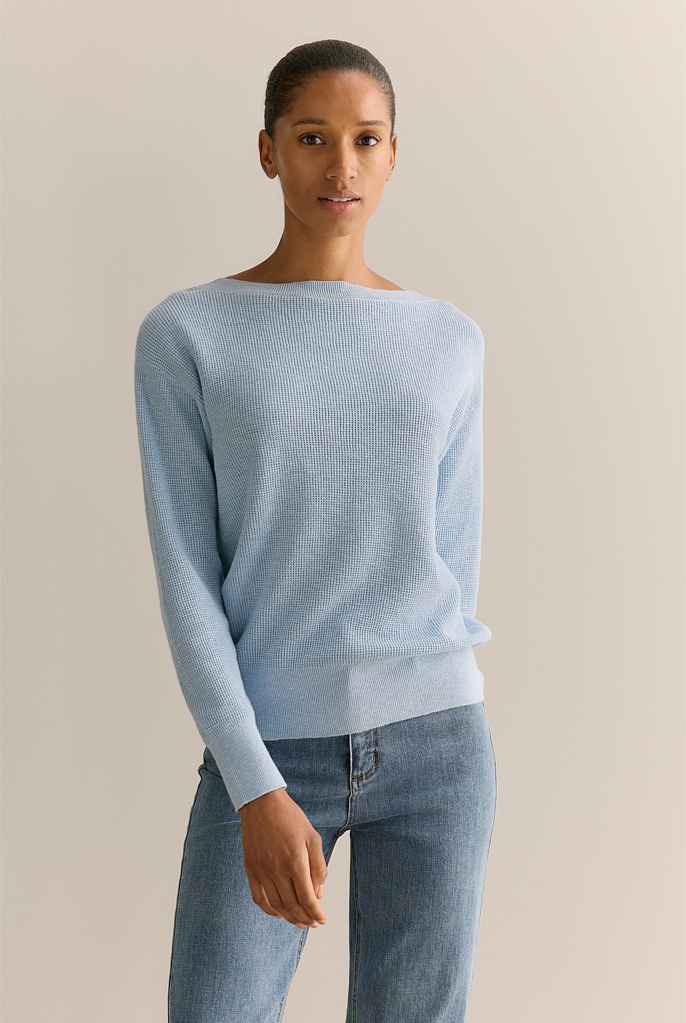 Cotton Linen Textured Boat Neck Pullover