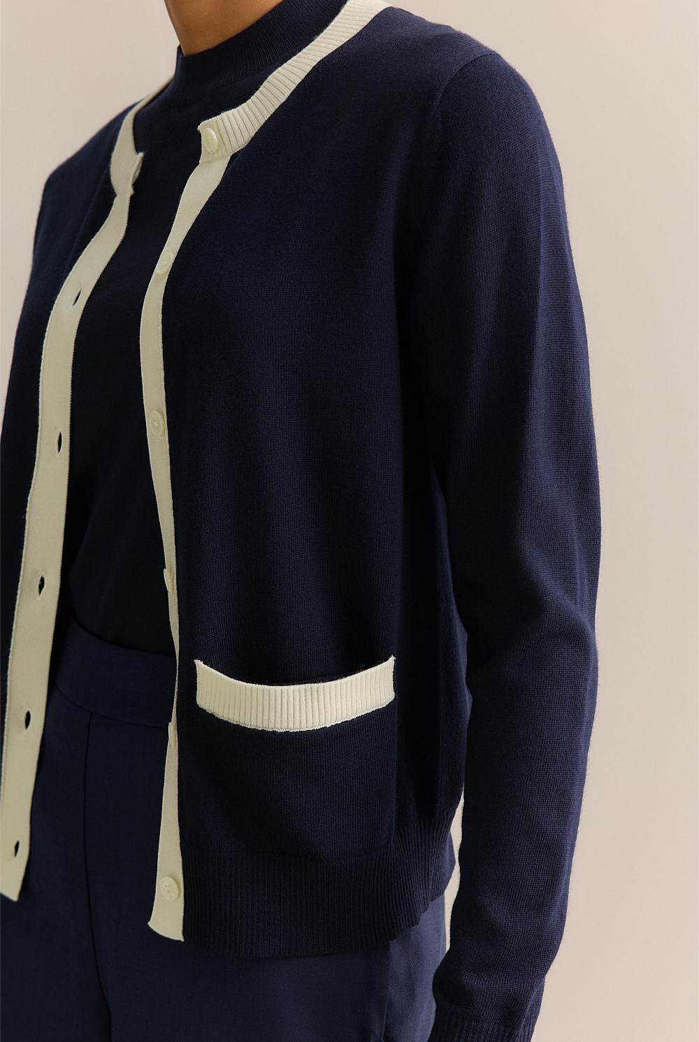 Merino Contrast Trim Crew Cardigan