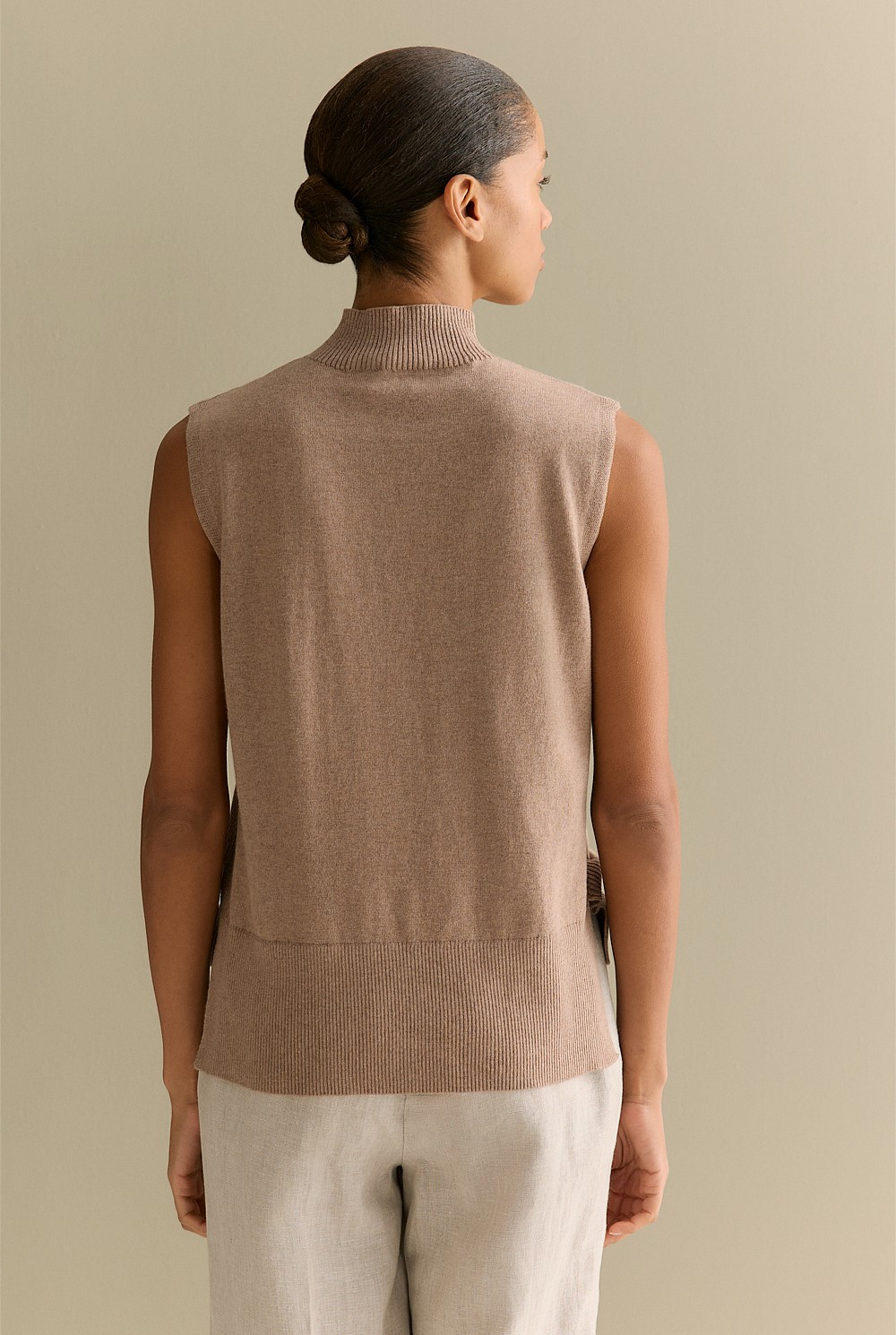 Cotton Cashmere Mock Neck Sleeveless Knit