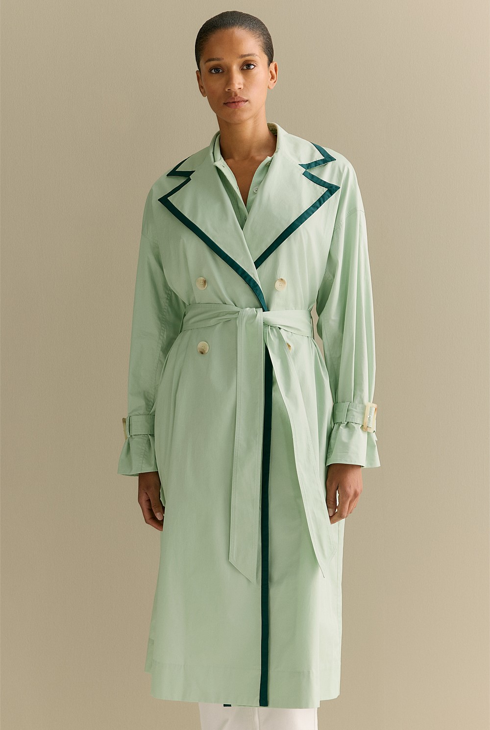 Cotton Sateen Contrast Trim Trench Coat