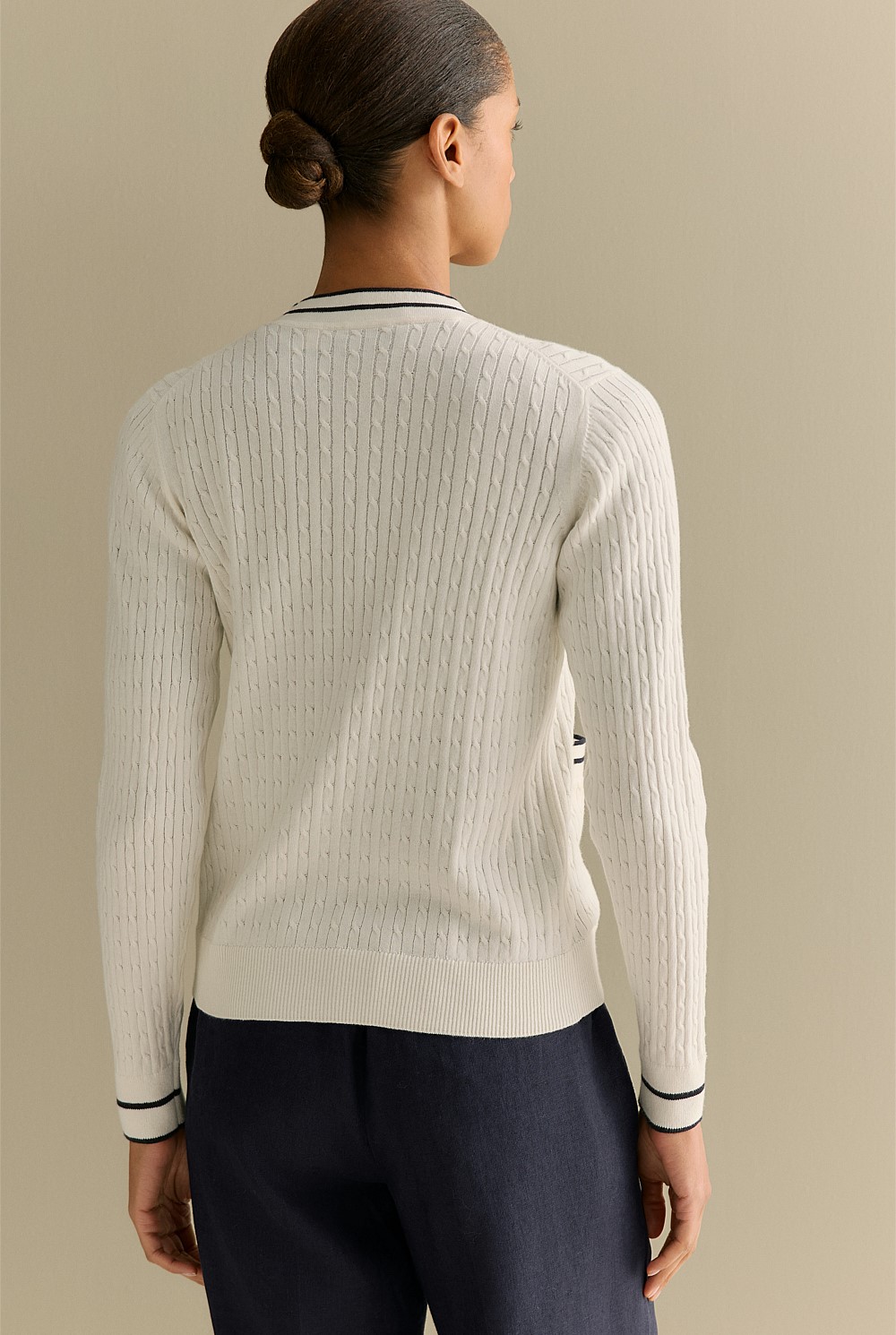 Cotton Cashmere Cable Tipped Cardigan