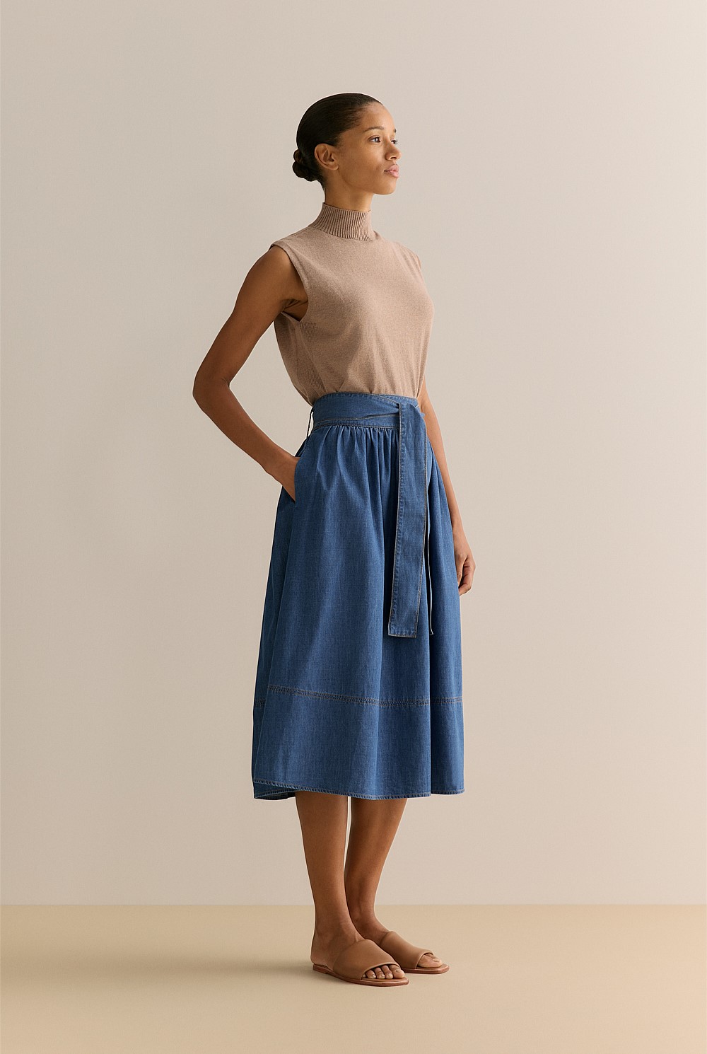 Cotton Denim Tie Waist Full Skirt