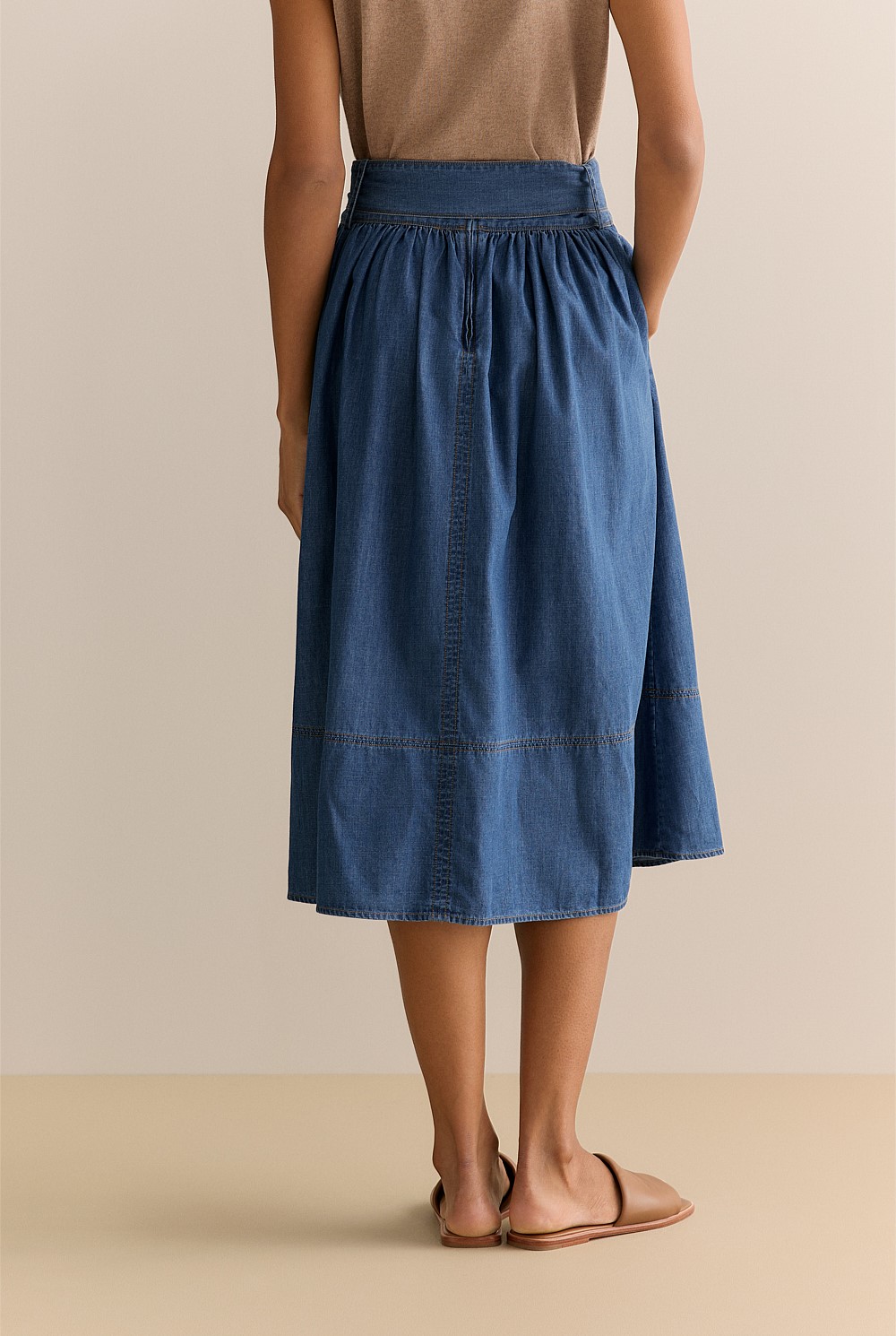 Cotton Denim Tie Waist Full Skirt