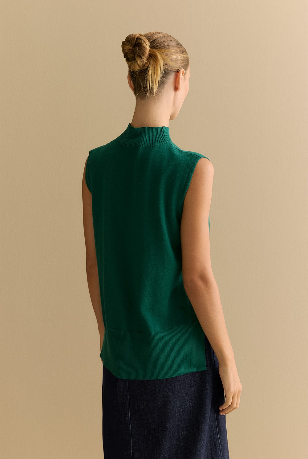 Cotton Cashmere Mock Neck Sleeveless Knit