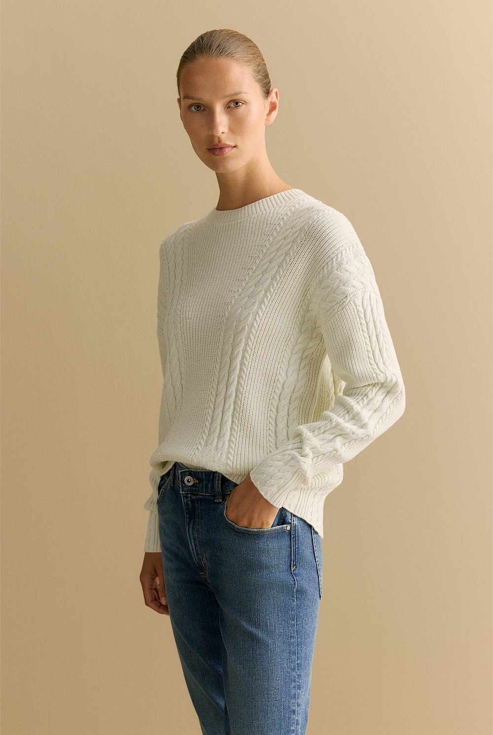 Cotton Cashmere Mixed Cable Crew Knit