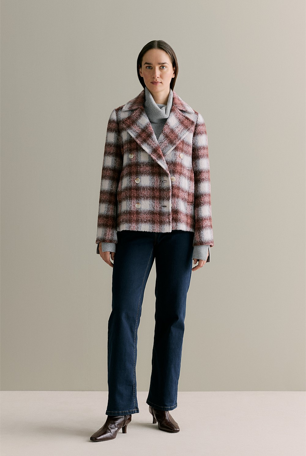 Wool Alpaca Blend Check Peacoat