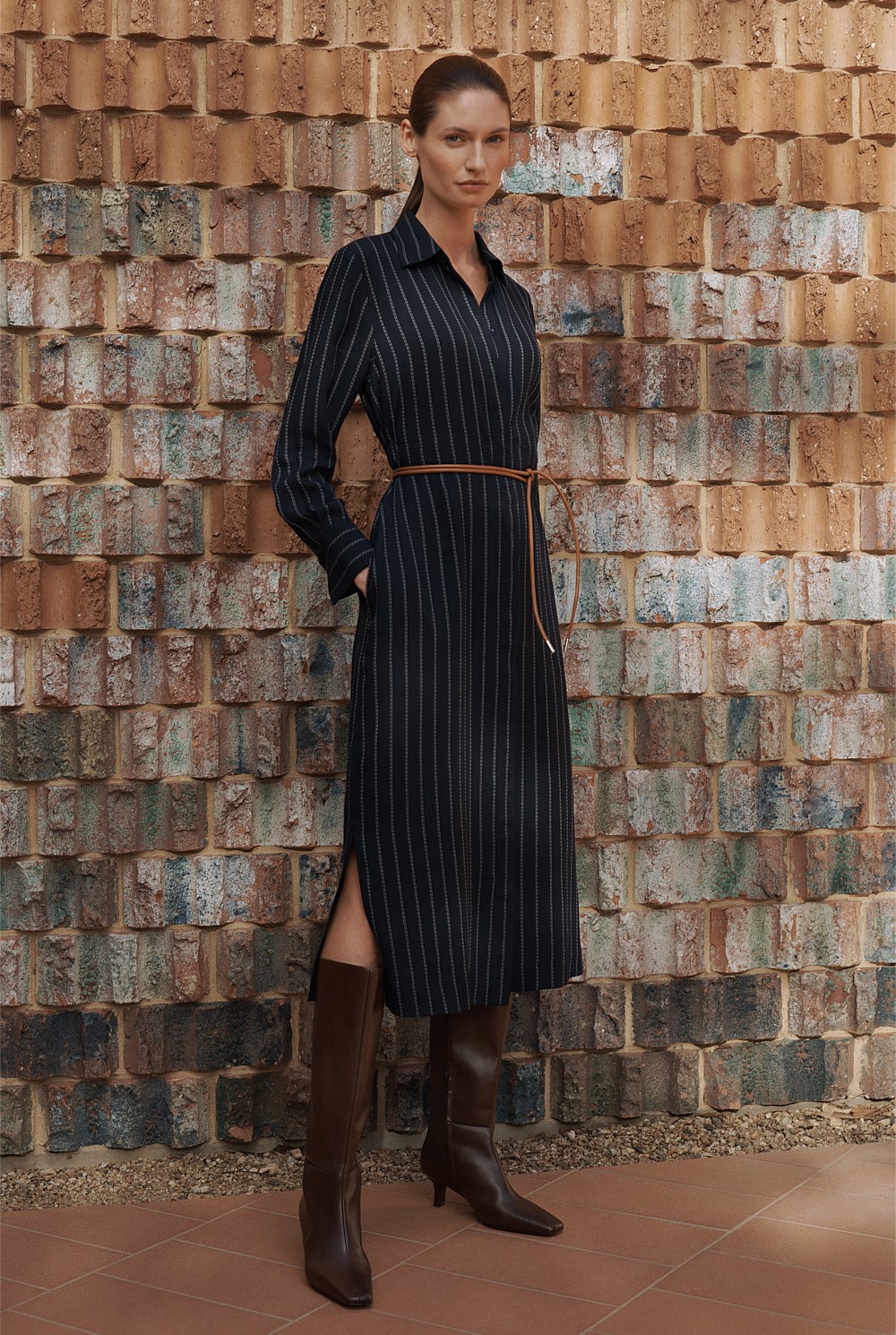 Twill Pinstripe Belted Dress