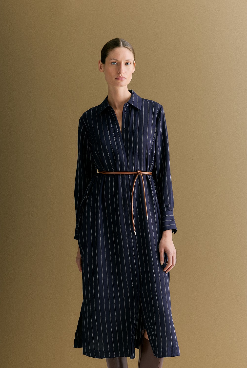 Twill Pinstripe Belted Dress