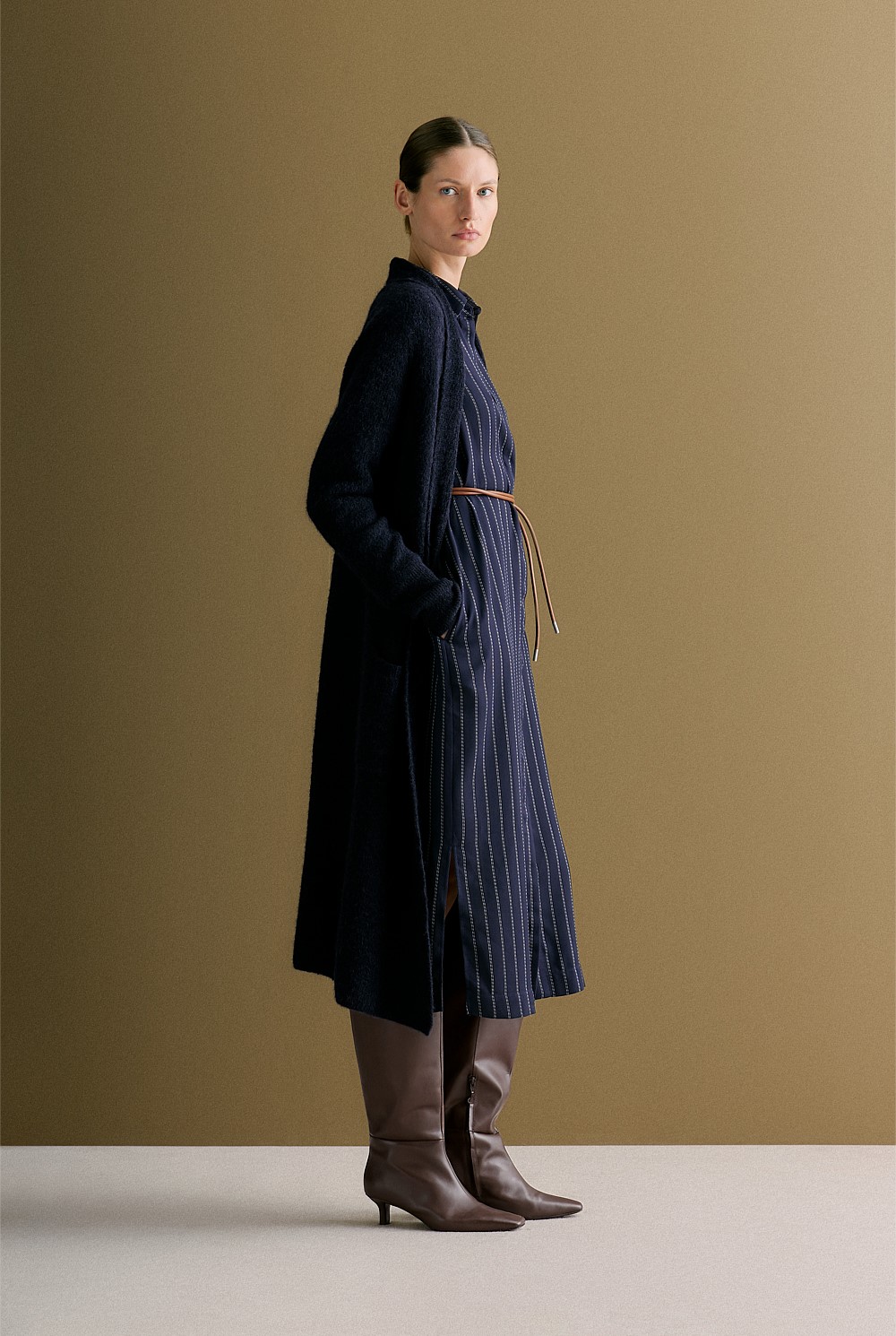 Twill Pinstripe Belted Dress