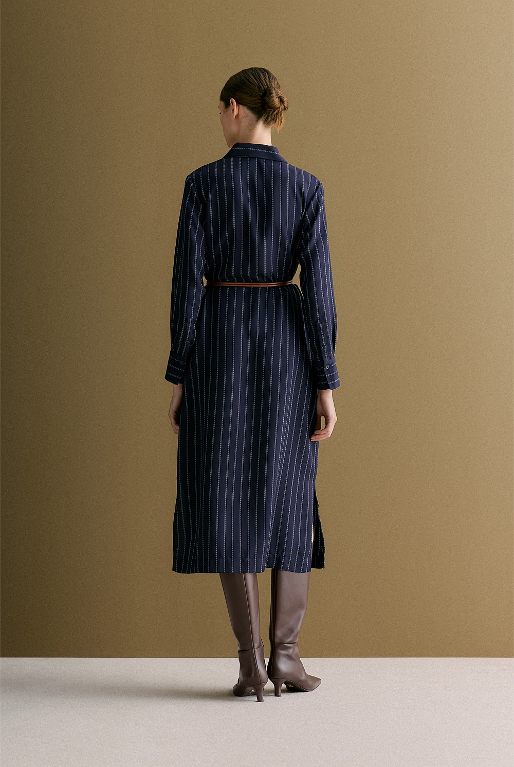 Twill Pinstripe Belted Dress