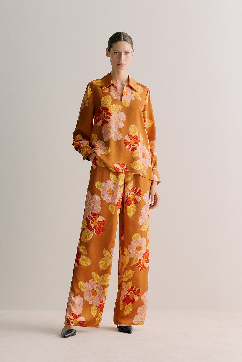 Satin Peony Print Relaxed Blouse