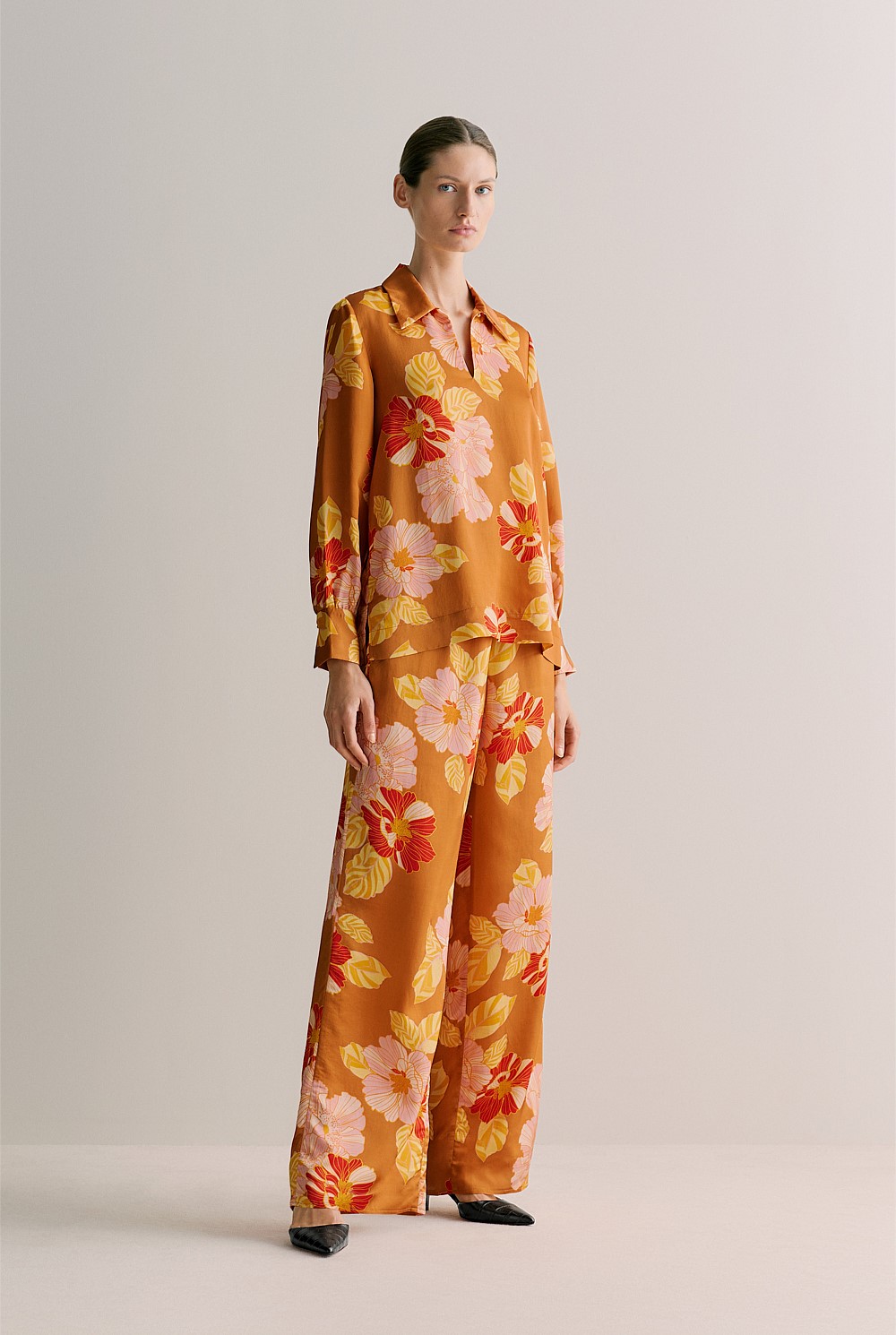 Satin Peony Print Relaxed Blouse