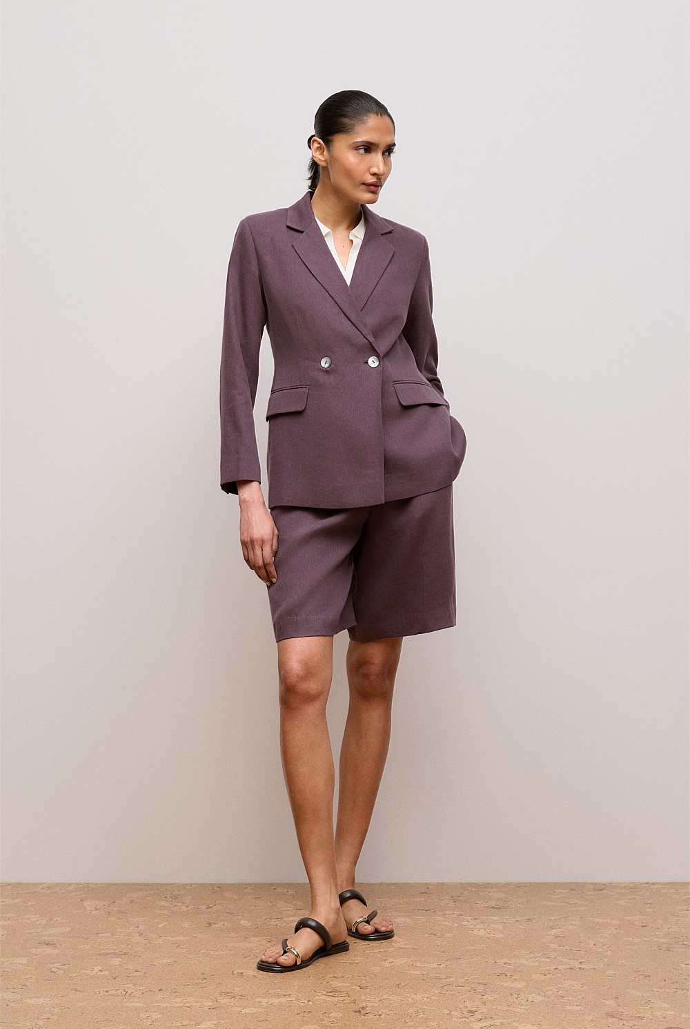 Linen Blend Twill Double Breasted Blazer