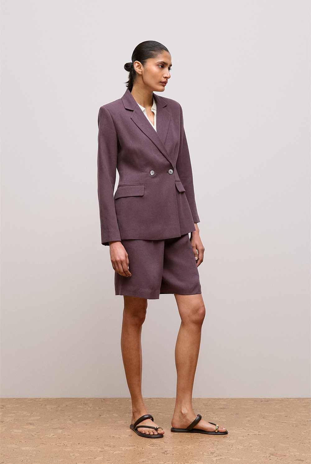 Linen Blend Twill Double Breasted Blazer