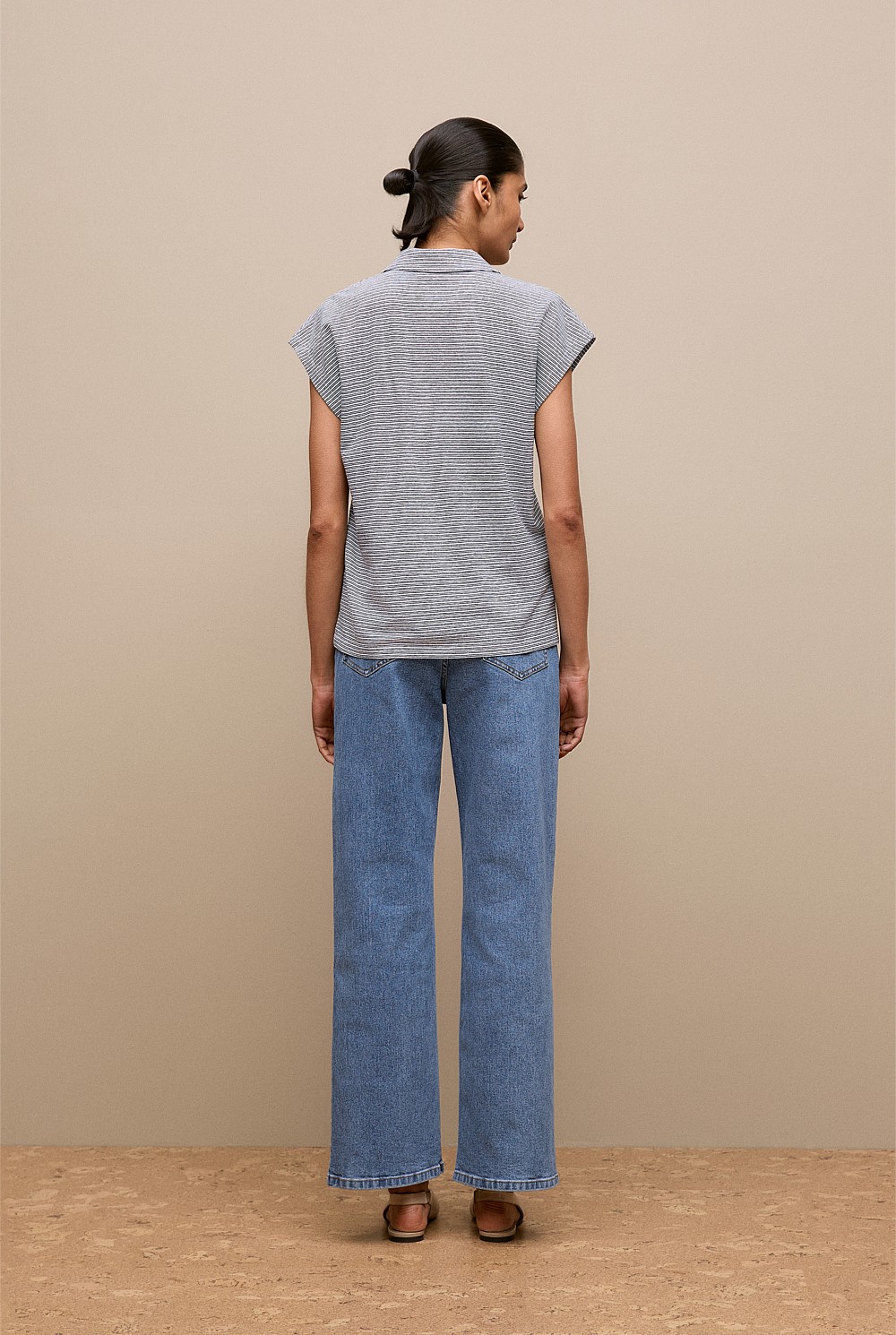 Cotton Linen Stripe Relaxed Cap Sleeve Polo