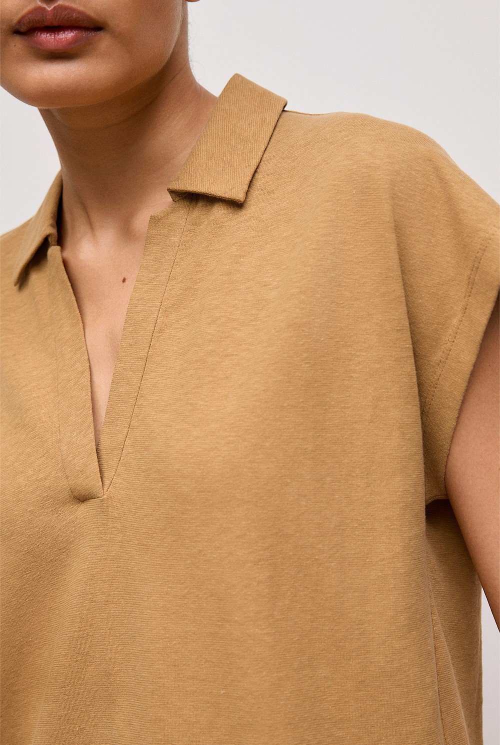 Linen Cotton Relaxed Cap Sleeve Polo