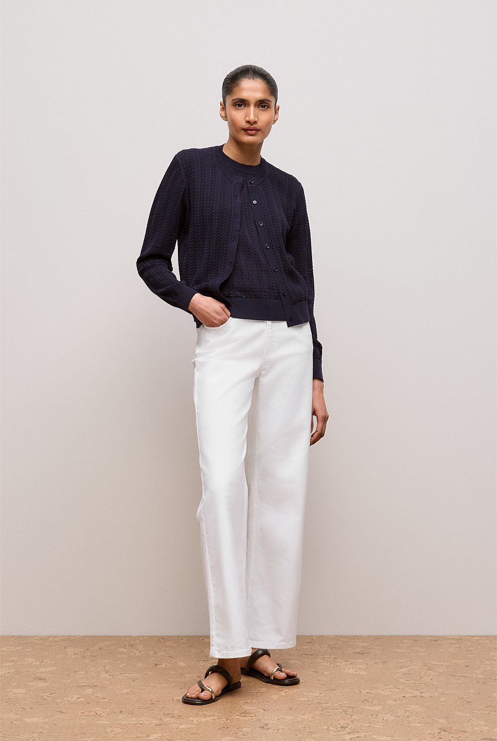 Mercerised Cotton Pointelle Knit Cardigan