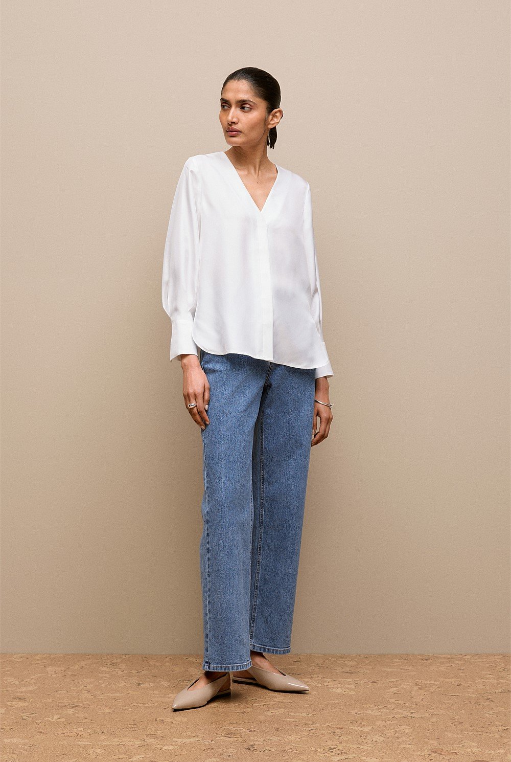 Silk Twill Collarless V Neck Blouse