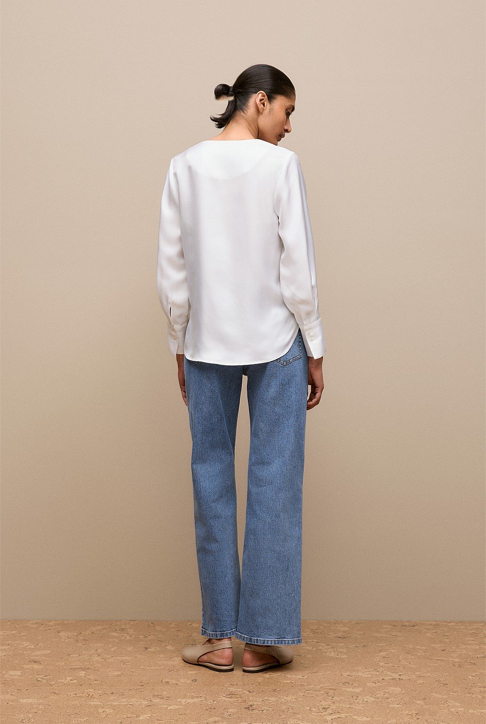 Silk Twill Collarless V Neck Blouse