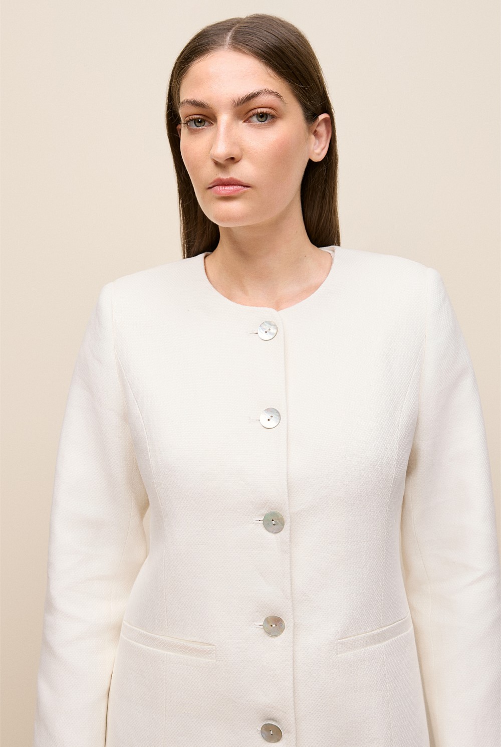 Basketweave Linen Collarless Jacket