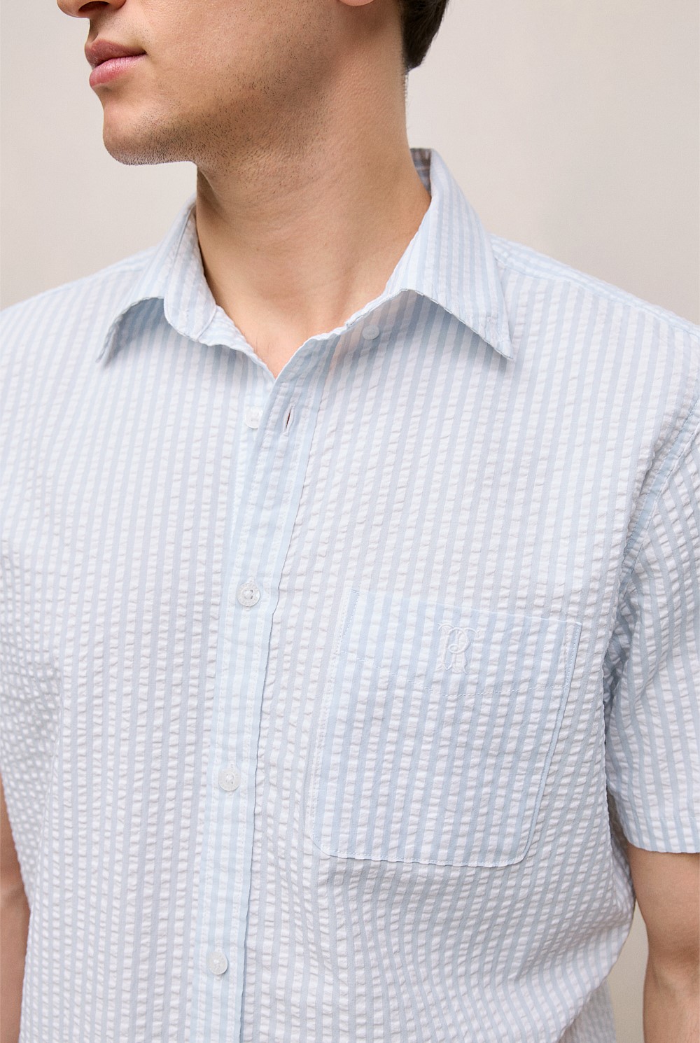 Regular Fit Seersucker Stripe Pocket Shirt