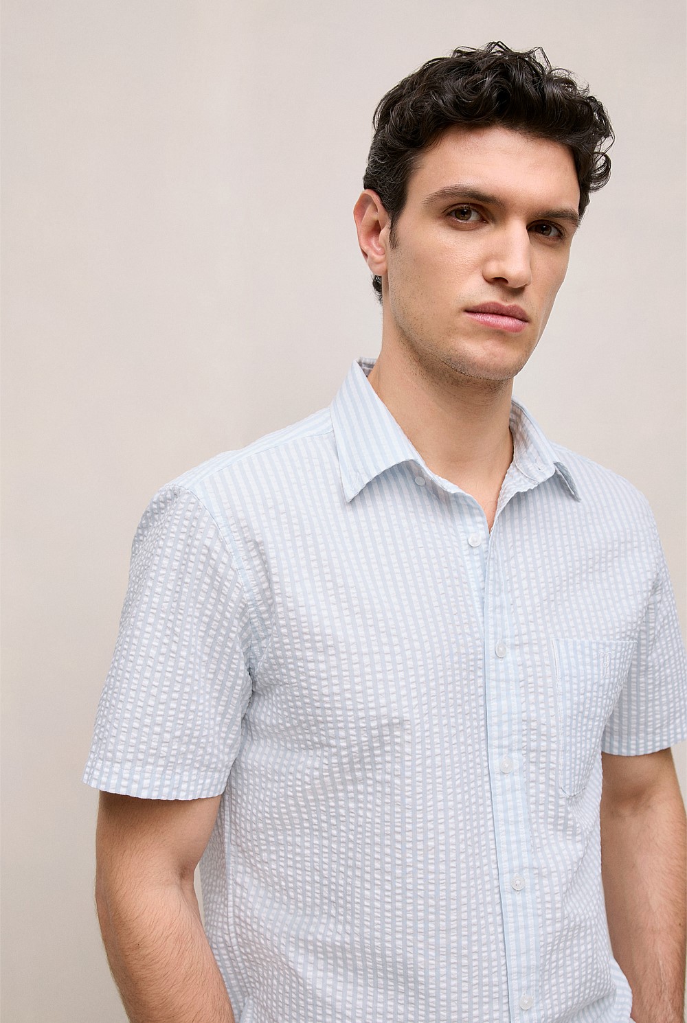 Regular Fit Seersucker Stripe Pocket Shirt
