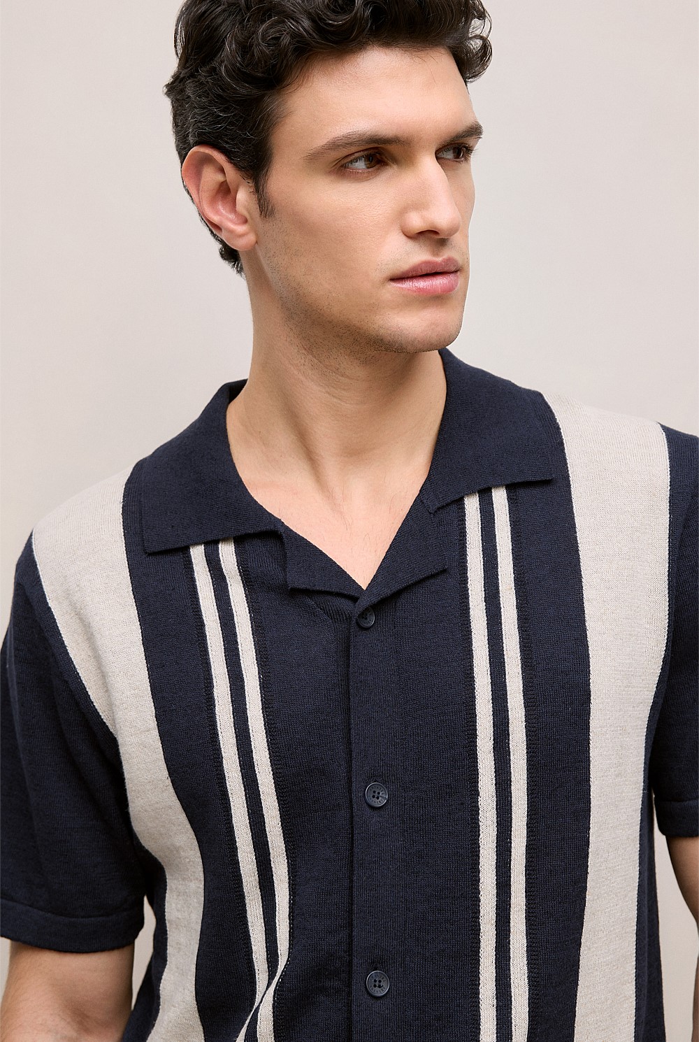 Linen Cotton Stripe Intarsia Knit Shirt