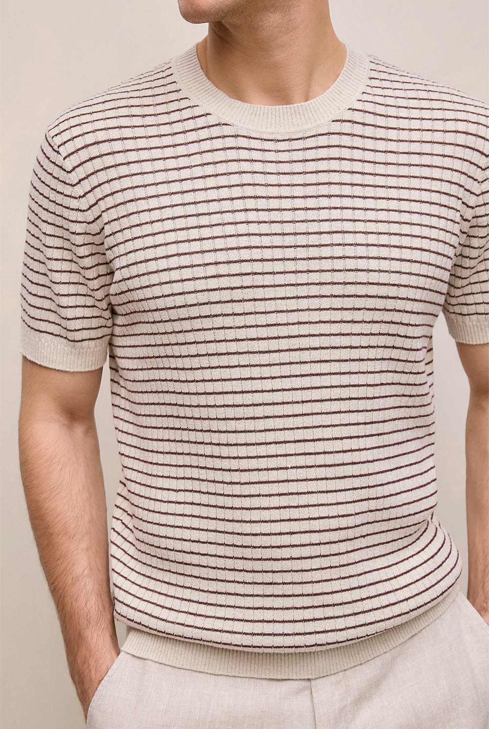 Linen Cotton Rib Stripe Knit T-shirt