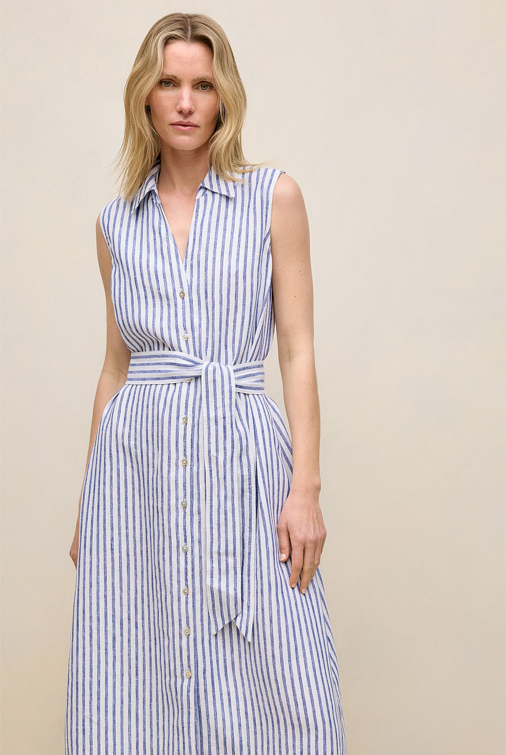 Yarn Dyed Linen Stripe Sleeveless Shirt Dress