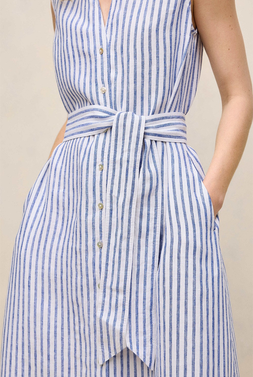 Yarn Dyed Linen Stripe Sleeveless Shirt Dress