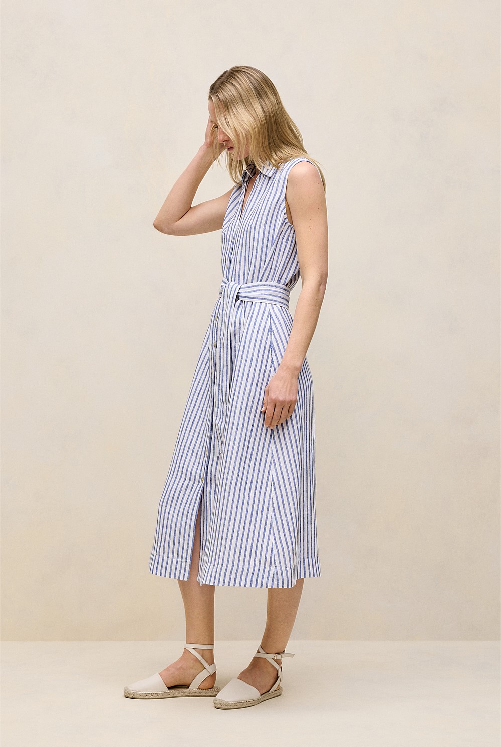 Yarn Dyed Linen Stripe Sleeveless Shirt Dress
