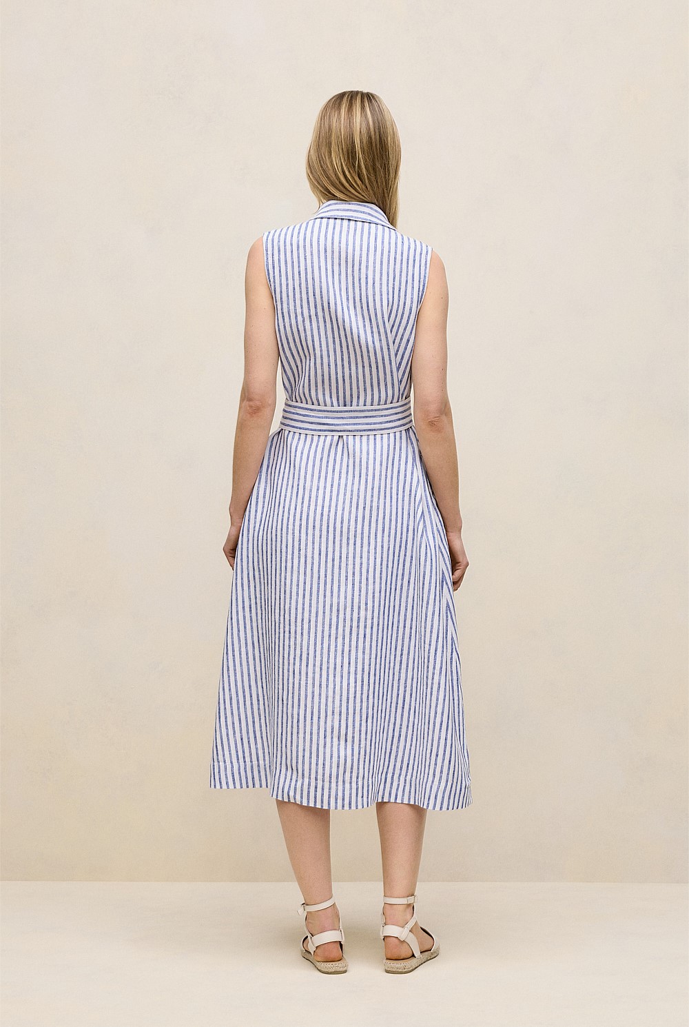 Yarn Dyed Linen Stripe Sleeveless Shirt Dress