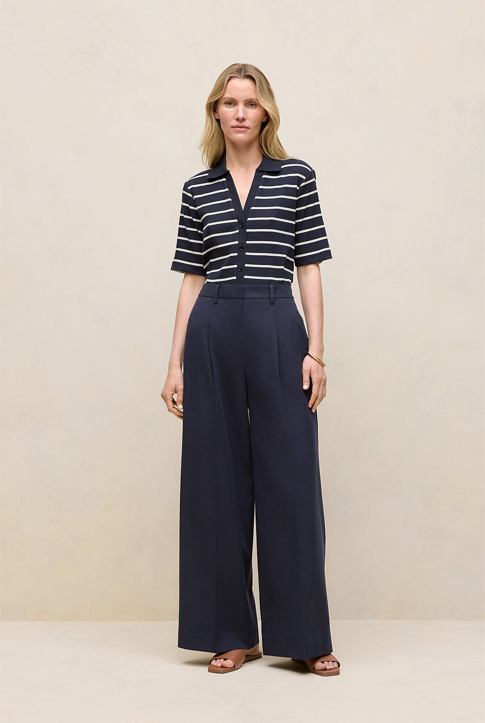 Cotton Blend Tailored Wide Leg Pant