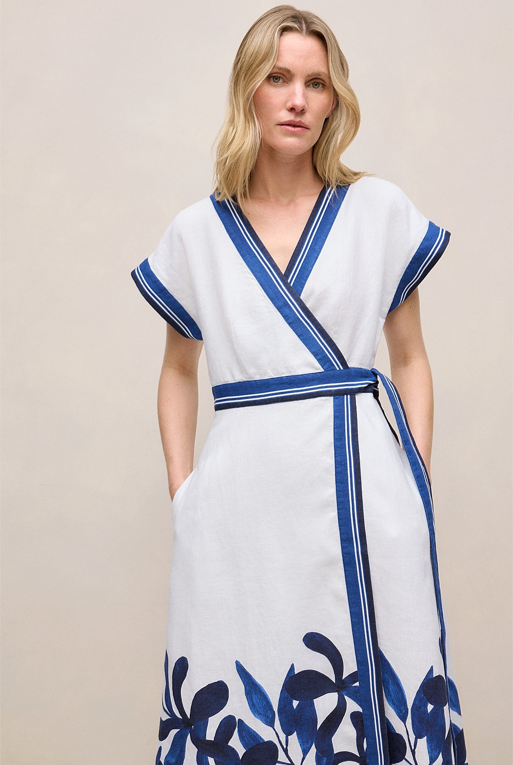 Marea Border Stripe Linen Wrap Dress
