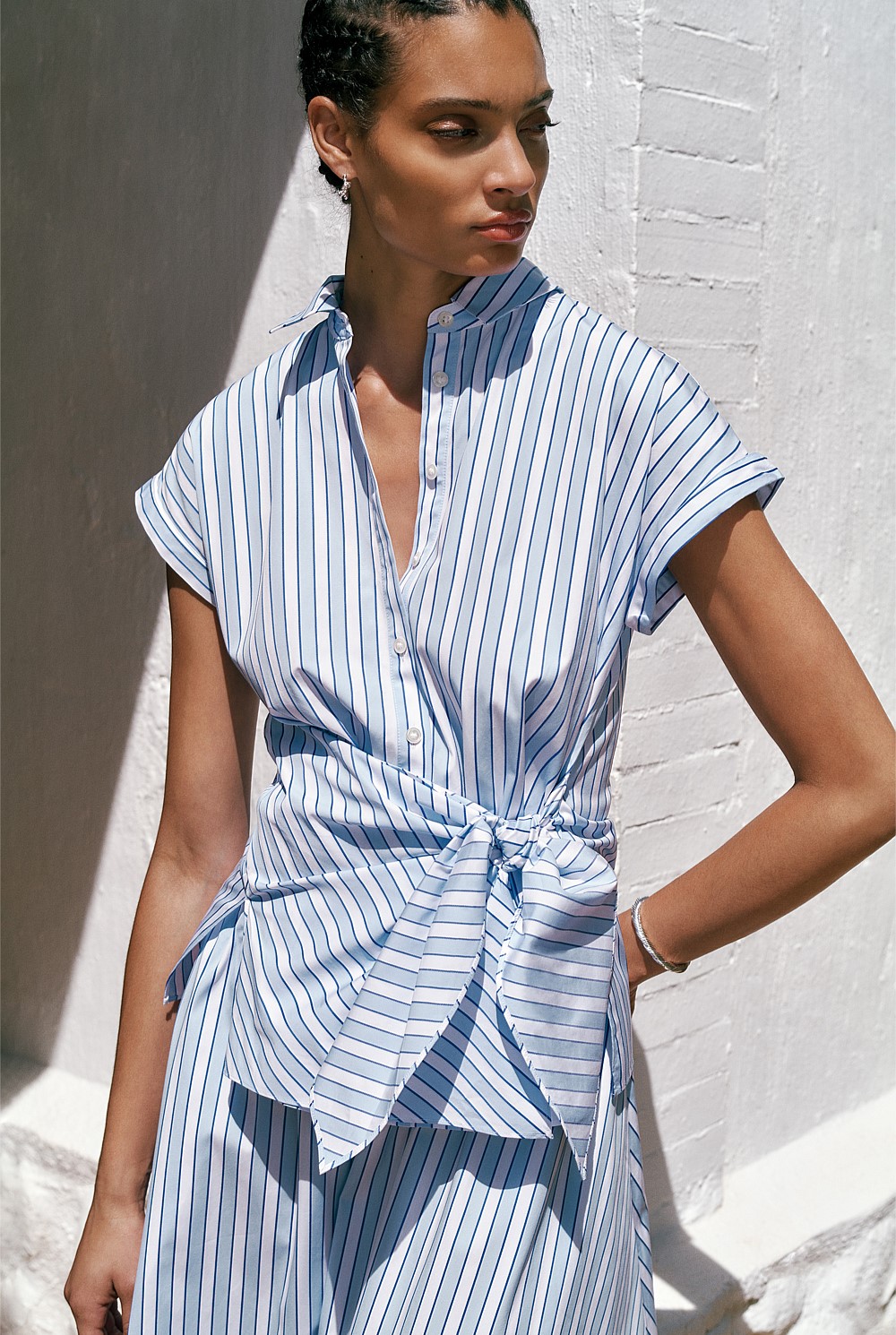 Jacquard Stripe Poplin Tie Front Shirt