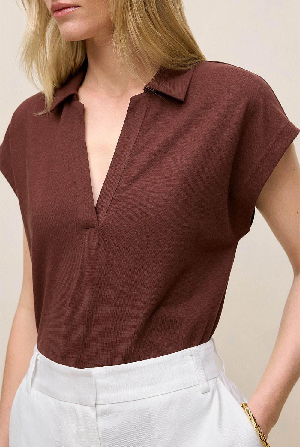 Linen Cotton Relaxed Cap Sleeve Polo
