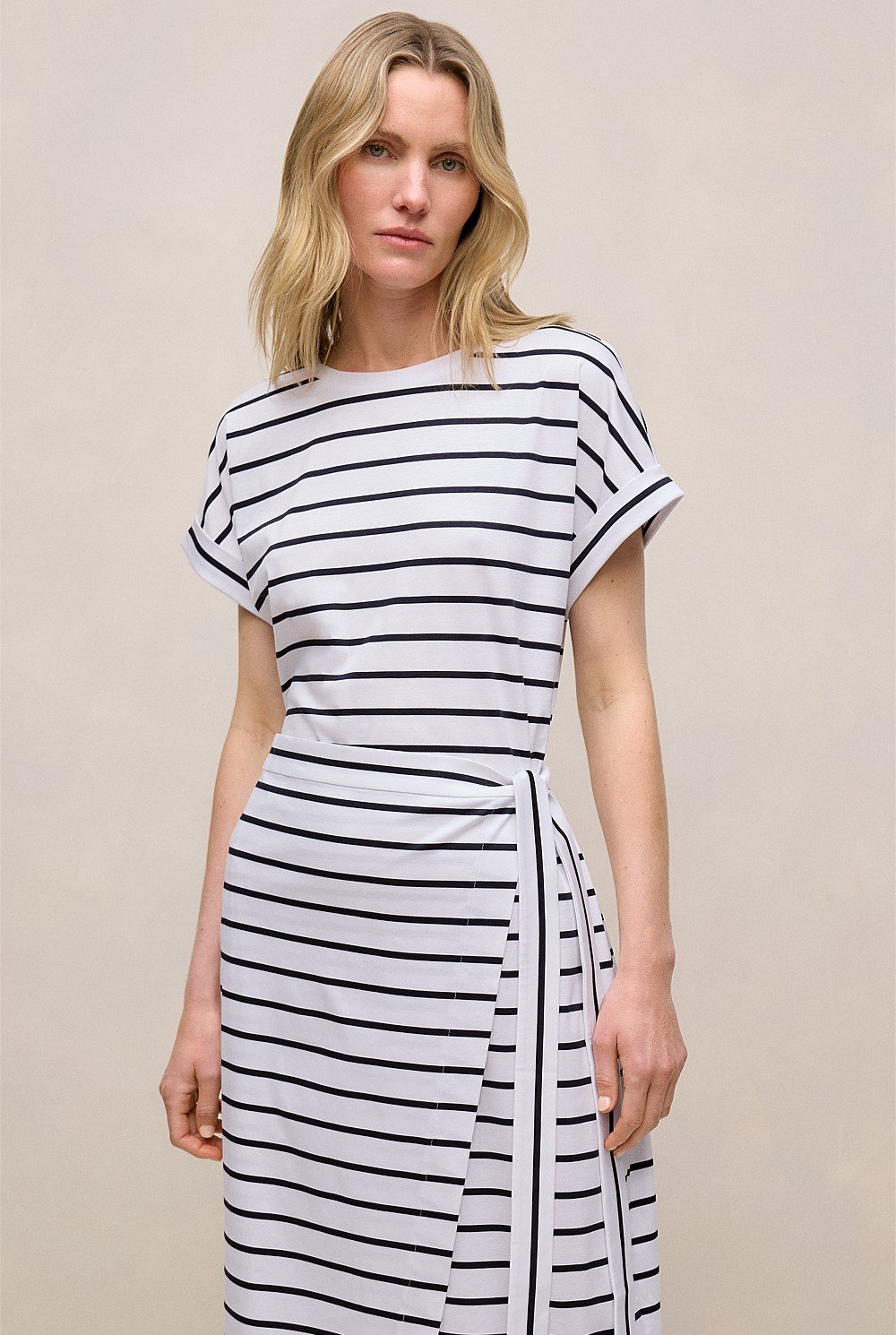 Cotton Stripe Wrap Detail T-shirt Dress
