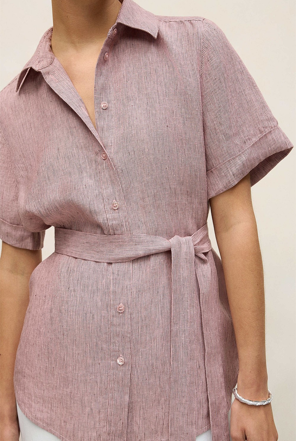 Linen End On End Stripe Belted Shirt