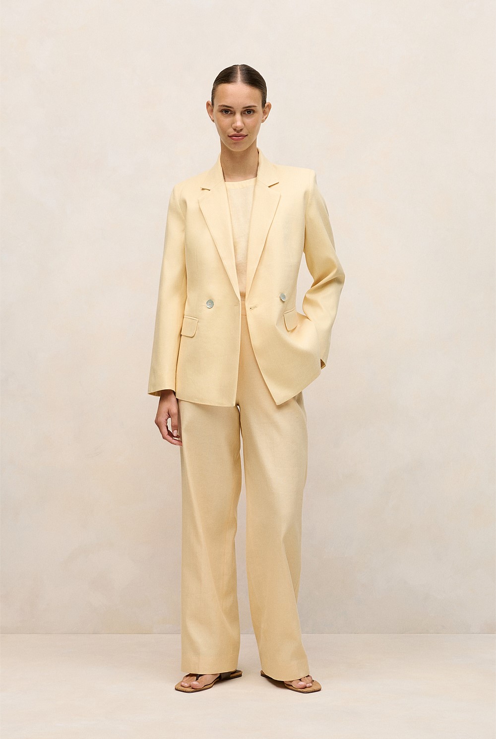 Linen Cotton Herringbone Double Breasted Blazer