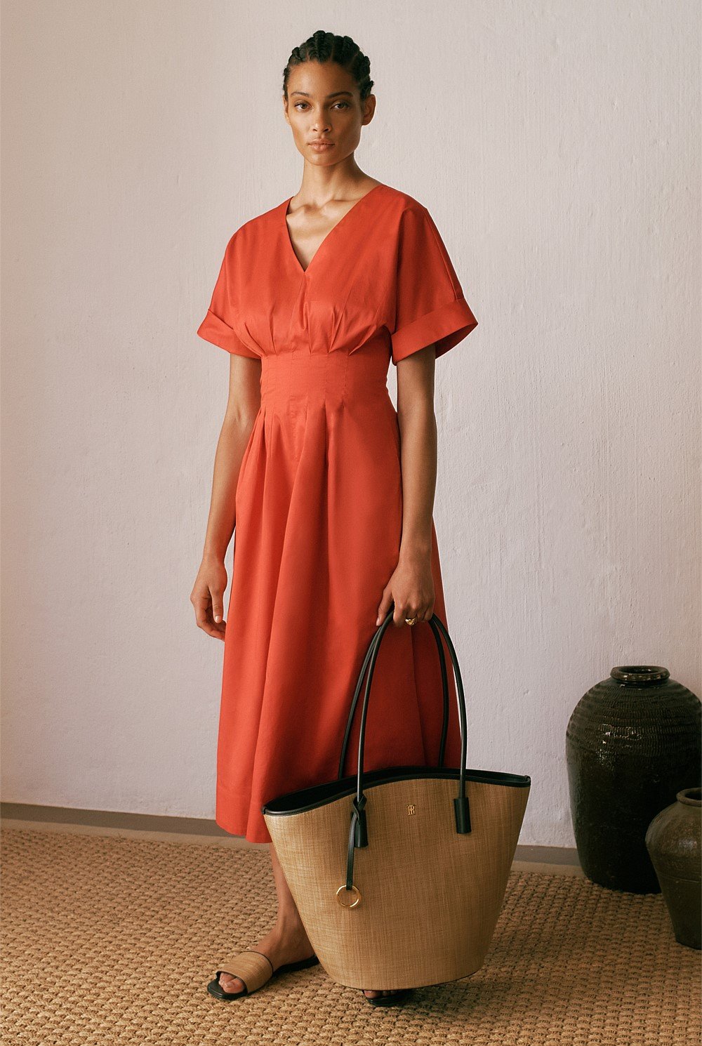 Cotton Sateen Pleat Waist Dress