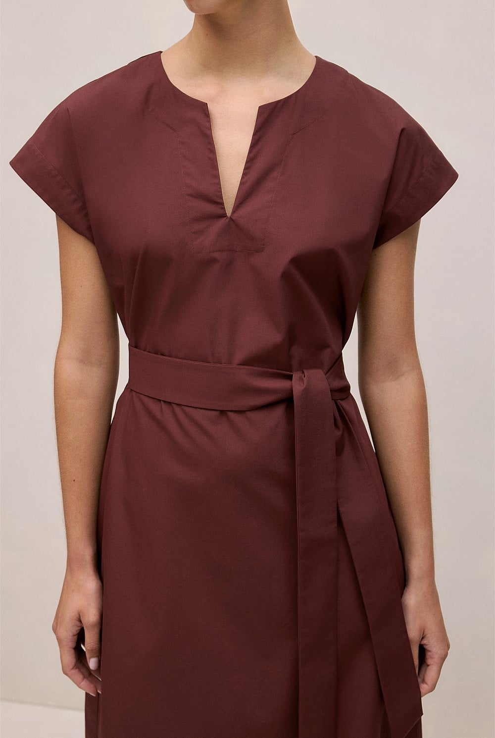 Cotton Poplin Cap Sleeve Belted Dress
