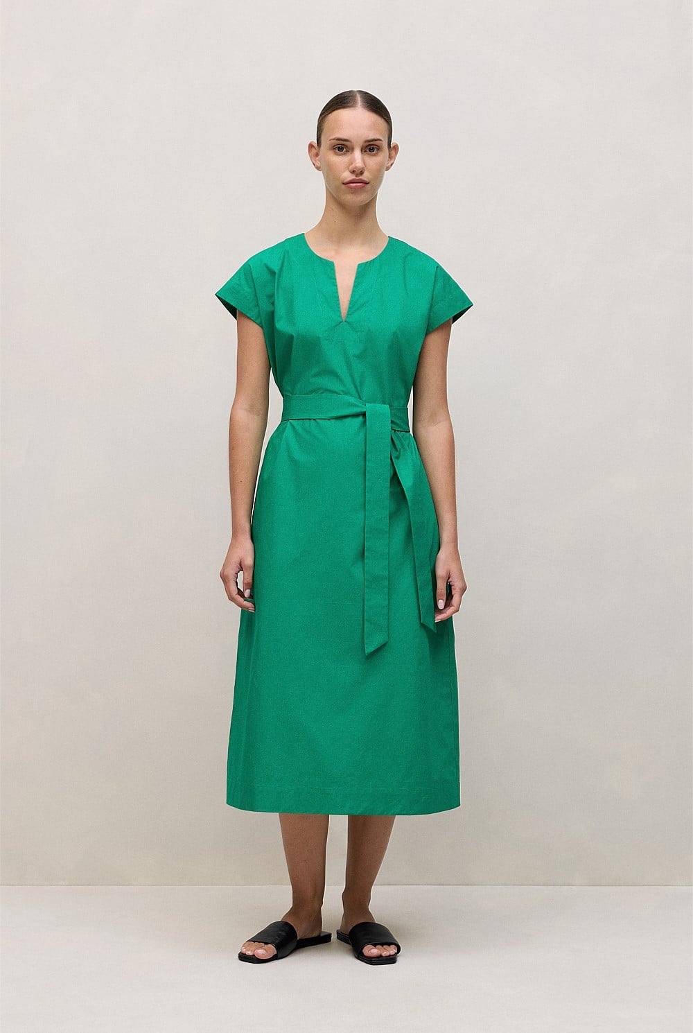 Cotton Poplin Cap Sleeve Belted Dress