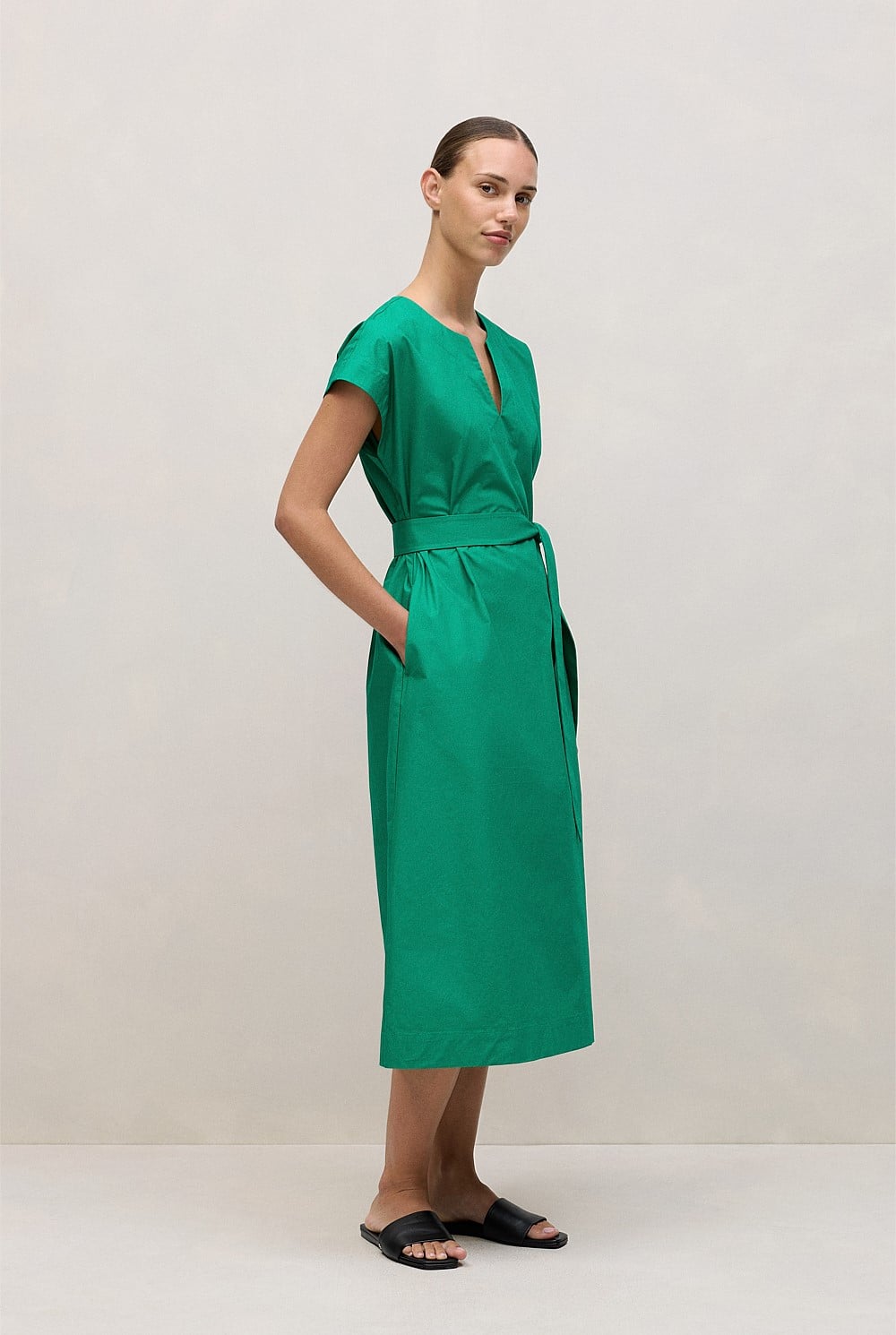 Cotton Poplin Cap Sleeve Belted Dress