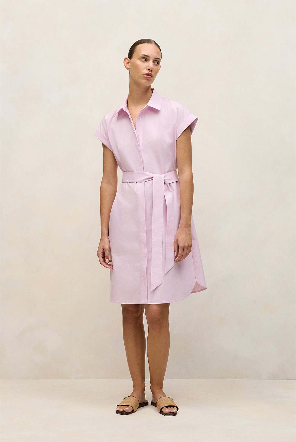 Cotton Poplin Cap Sleeve Shirt Dress