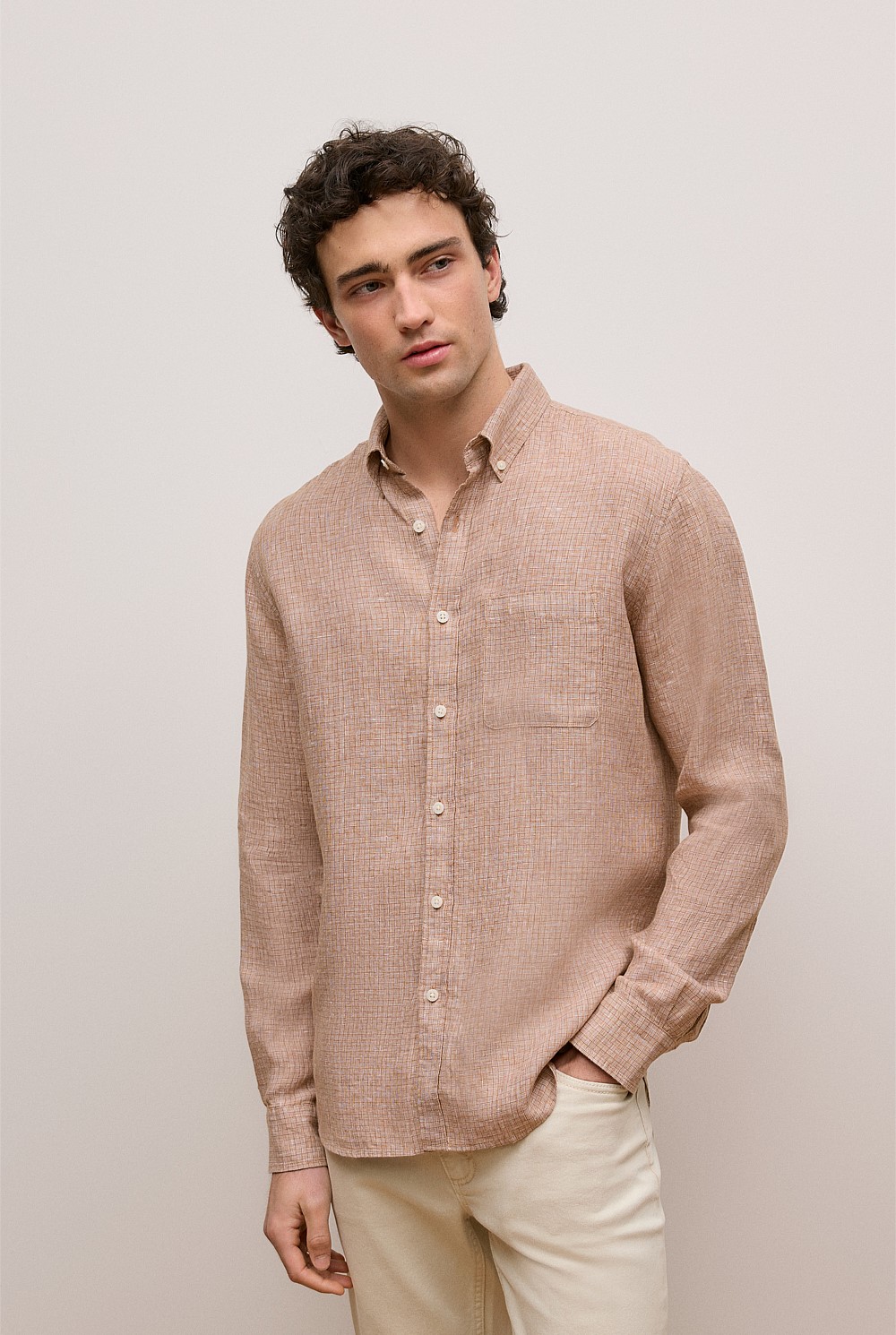 Regular Fit Yarn Dyed Linen Grid Shirt